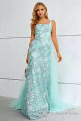 Green Square Neck Mermaid Sequined Prom Dress With Detachable Train