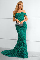 Dark Green Off The Shoulder Mermaid Prom Dress With Appliques