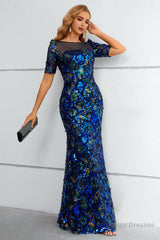 Royal Blue Sequined Short Sleeves Formal Dress