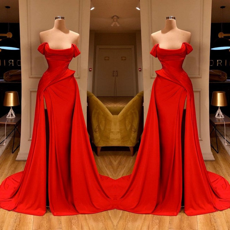 Evening Dresses Open Back, Sexy Red Off-the-Shoulder Long Prom Dress With Split Online