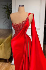 Evening Dress Near Me, Unique Red Stones Sleeveless High split mermaid Evening Dress