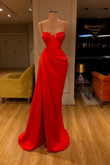 Evening Dress Wedding, Gorgeous Spaghetti Strap Unique Round Cup High split Red Prom Dress