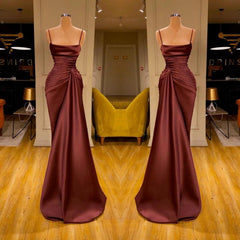 Evening Dresses Cocktail, Burgundy Spaghetti-Straps Mermaid Ruffles Prom Dress Long