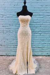 Classy Gold Lace Appliques Long Strapless Prom Dress with Side Slit