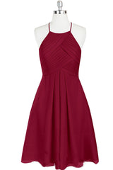 Homecoming Dresses 2038, Cute Halter Burgundy Chiffon Knee Length Bridesmaid Dress