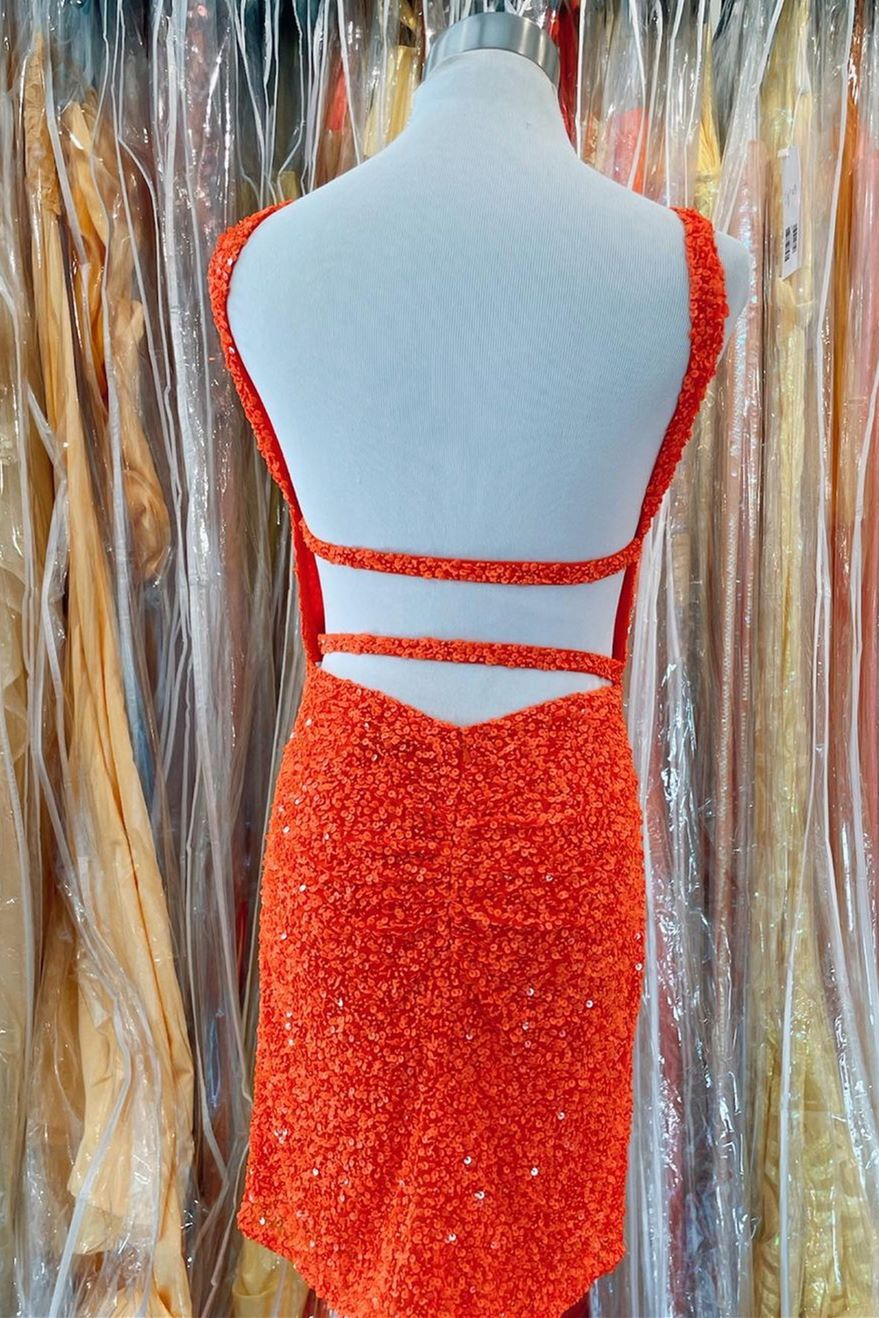 Prom Dresses Green Emerald, Orange Sequins Cross Front Bodycon Mini Party Dress