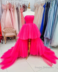 High Low Hot Pink Strapless Formal Gown