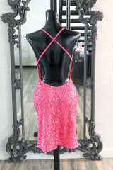 Party Dresses Long Sleeved, Hot Pink Sequins Boydcon Mini Party Dress