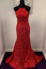 Formal Wedding Guest Dress, Halter Mermaid Red Sequins Long Dress