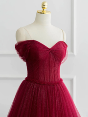 Formal Dress Boutiques Near Me, Burgundy A-line Off Shoulder Tulle Shiny Long Prom Dress