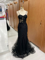 Black Mermaid Lace Long Prom Dress, Black Lace Evening Dress