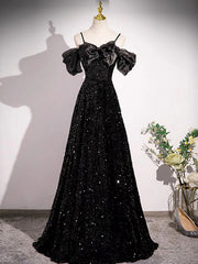 A-Line Off Shoulder Velvet Sequin Long Black Prom Dress, Black Long Evening Dress