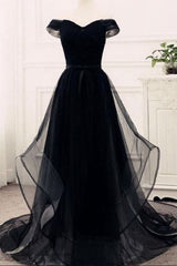 Flowy Tulle Off Shoulders Tulle Black Prom Dress