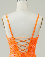 Glitter Orange Spaghetti Straps Orange Tight Sequined Homecoming Dress