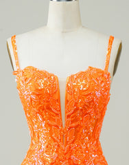 Glitter Orange Spaghetti Straps Orange Tight Sequined Homecoming Dress