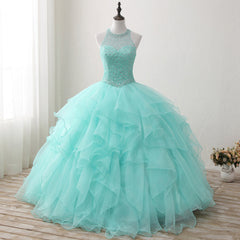 Halter Neck Open Back Mint Quinceanera Dresses Mexican Ball Gown Prom Dress