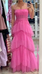 Prom Dresses Backless, Fashion Hot Pink Layered Ruffles Evening Gown A Line Tulle Long Prom Dresses