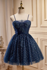 Prom Dresse Backless, Dark Navy Spaghetti Straps Tulle Short Homecoming Dresses