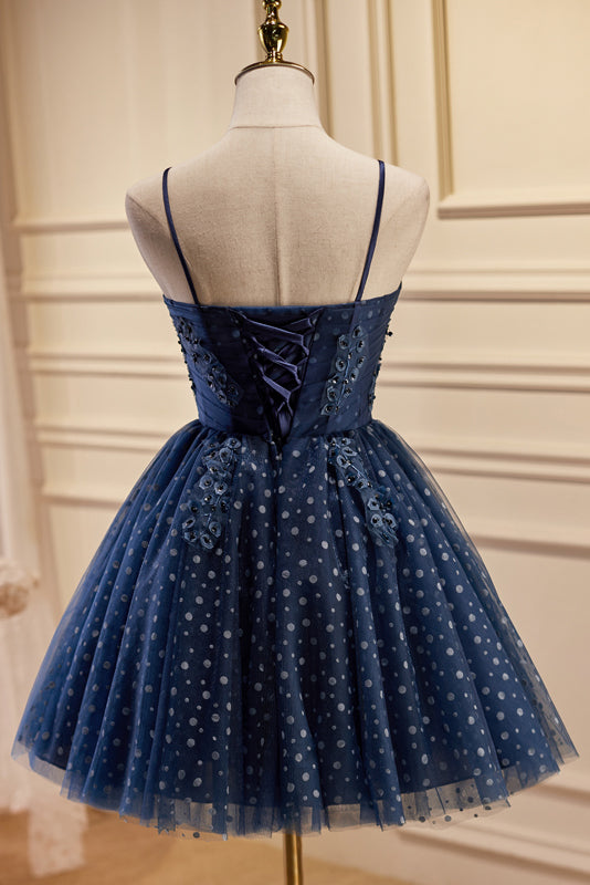 Prom Dresses Modest, Dark Navy Spaghetti Straps Tulle Short Homecoming Dresses