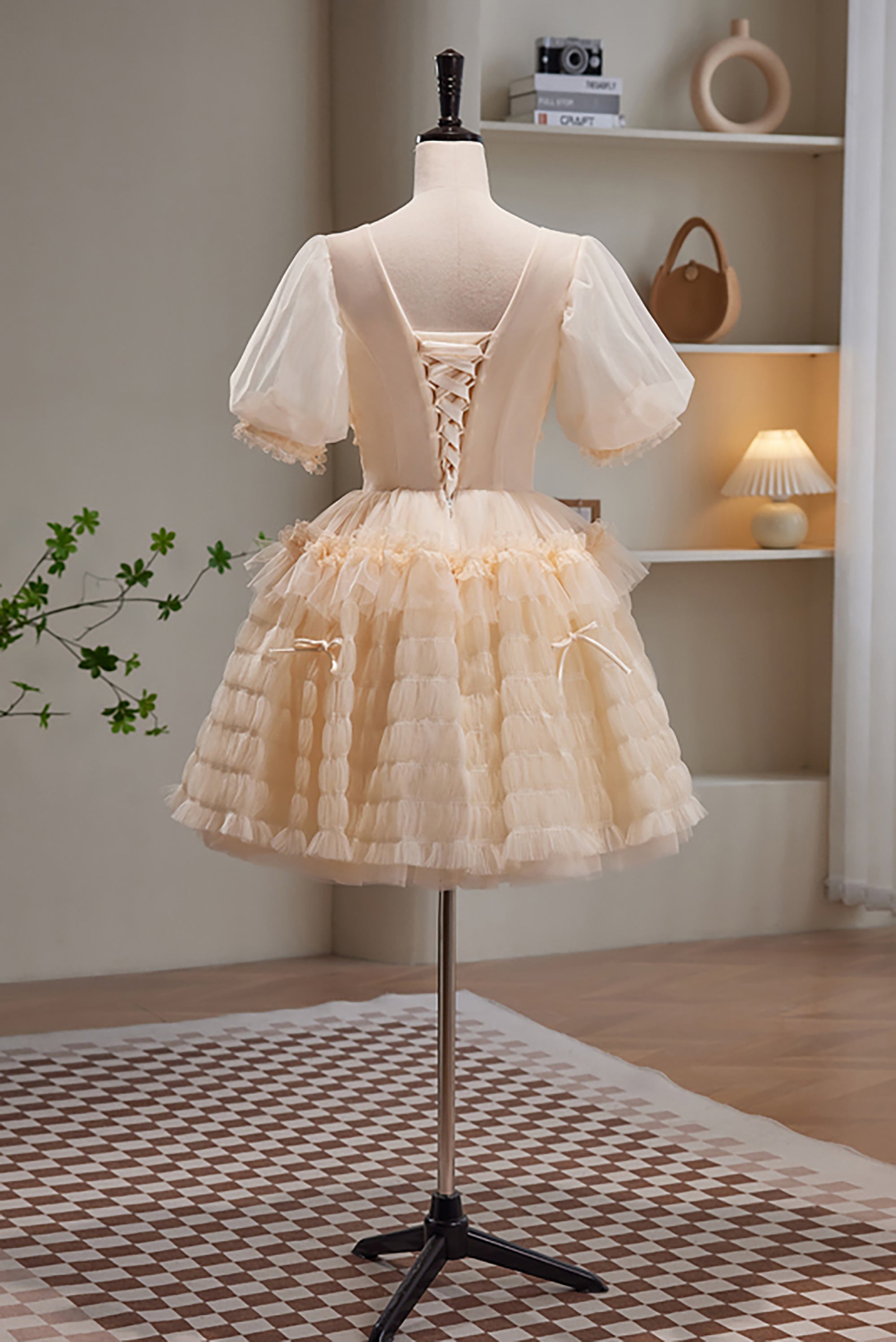 Bridesmaid Dress Custom, Champagne V Neck Short Sleeves Tulle Short Homecoming Dresses