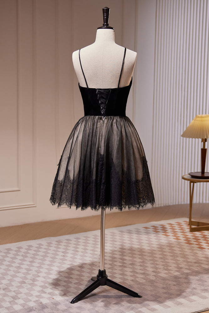 Bridesmaids Dresses Summer, Black Spaghetti Straps Lace Tulle Short Homecoming Dresses