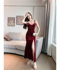 Spaghetti-Strap Plain Velvet Side Slit Evening Gown