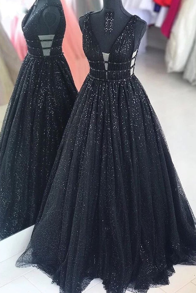 Bridesmaides Dresses Fall, Black Sparkly V-neck For Mal Prom Dresses Pretty Princess Dresses For Teens