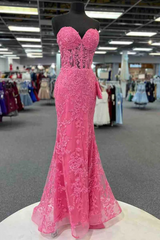 Pink Sweetheart Strapless Lace Appliques Mermaid Prom Dress