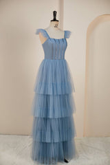 Evening Dresses For Wedding Guest, Dusty Blue Flutter Sleeves A-line Multi-Layers Long Prom Dress with Slit