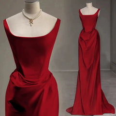 Sexy Mermaid Square Neckline Red Satin Floor Length Prom Dresses