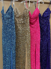 Bridesmaids Dresses White, Mermaid Purple Sequin Long Prom Dress with Slit