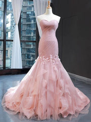 Pink Tulle Princess Wedding Dress Strapless Pink Long Prom Dress with ruffles Skirt