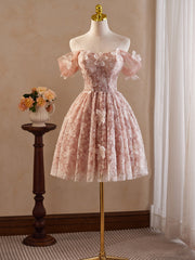 Pink Vintage Off the Shoulder Flower Appliques Homecoming Dress