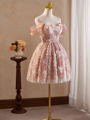 Pink Vintage Off the Shoulder Flower Appliques Homecoming Dress