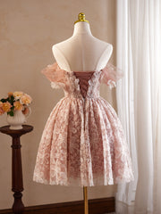 Pink Vintage Off the Shoulder Flower Appliques Homecoming Dress