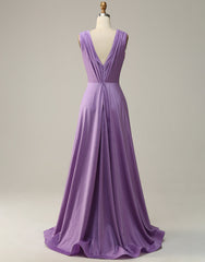 Purple A-Line V-Neck Long Glitter Prom Dress With Pleating