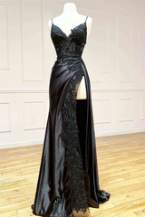 Bridesmaids Dresses Color Schemes, Black Long Appliques Prom Dress with Spaghetti Straps