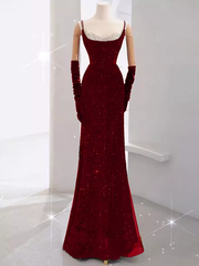 Mermaid Straps Sequin Red Backless Long Prom Dresses