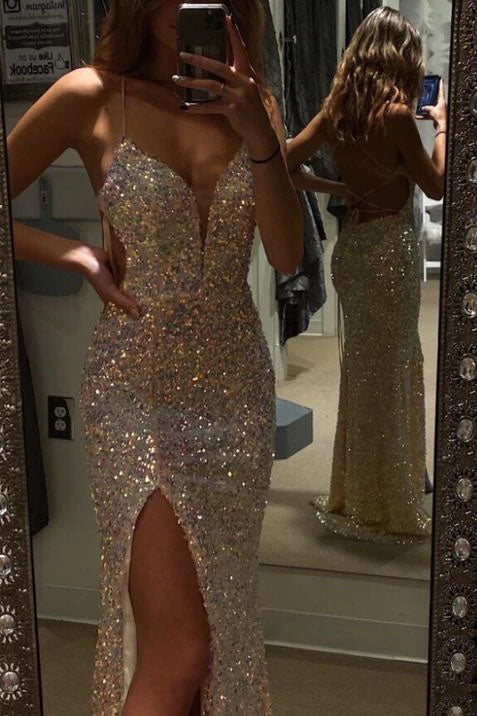 Evenning Dresses Short, Mermaid Evening Dresses Spaghetti Straps V Neck Prom Dresses With Split