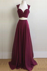 Formal Dress For Winter, Elegant Two Piece Long Burgundy Chiffon Prom Dress Formal Evening Dress