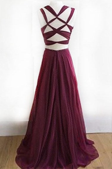 Formal Dresses For Winter, Elegant Two Piece Long Burgundy Chiffon Prom Dress Formal Evening Dress