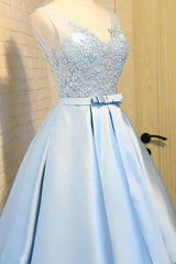 Bridesmaid Dresses Near Me, Blue A Line Princess V Neck Backless Appliques Homecoming Dresses