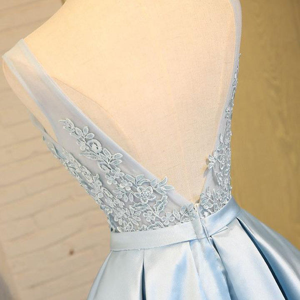 Bridesmaids Dresses Near Me, Blue A Line Princess V Neck Backless Appliques Homecoming Dresses