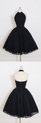 Ballgown, Black Halter Short Sleeve Homecoming Dress, A Line Open Back Short Prom Dresses