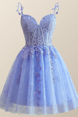 Bridesmaid Dresses Weddings, Straps Periwinkle Lace Appliques A-line Short Dress