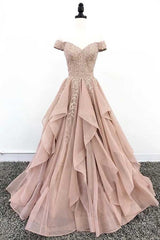 Organza Lace Off Shoulder A-line Cheap Long Prom Dresses