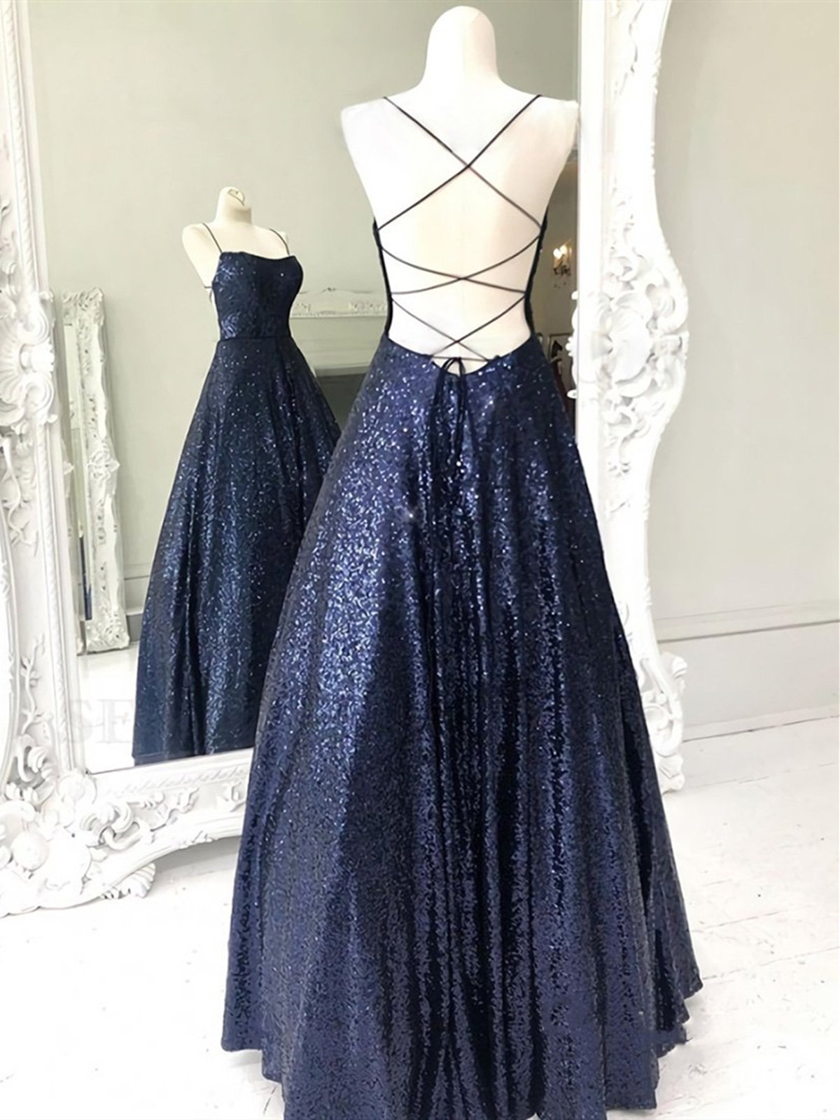 Fairy Dress, Shiny Backless Navy Blue Long Shiny Open Back Navy Blue Long Prom Dresses