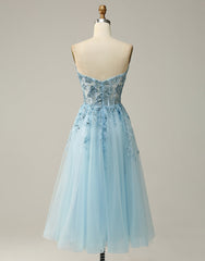 Sky Blue A-Line Tea Length Strapless Party Dress With Beading