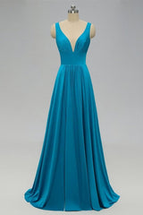 Homecoming Dresses Unique, Elegant A-Line Sexy V Neck Gold Long Modest Side-Slit Blue Bridesmaid Dress