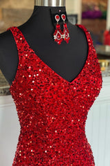 Homecomming Dresses Blue, Sheath Spaghetti Straps Red Sequins Prom Dress with Split Front